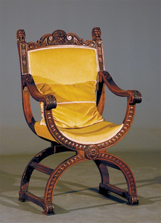 Appraisal: Continental carved hardwood Savonarola chair back surmounted with lion's head