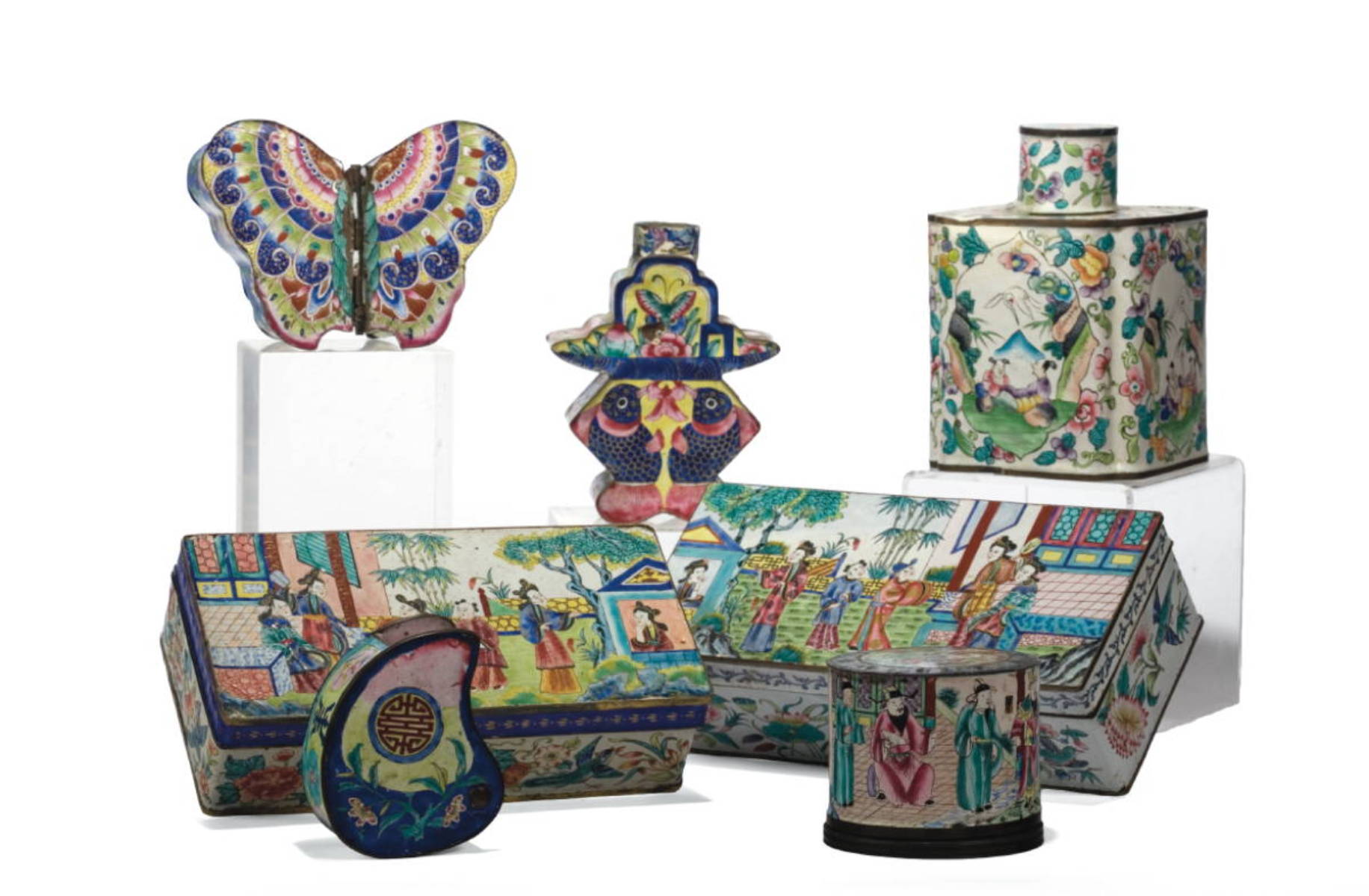 Appraisal: SEVEN CANTON ENAMEL OBJECTS INCLUDING TWO RAZOR BOXES COVERED TEA