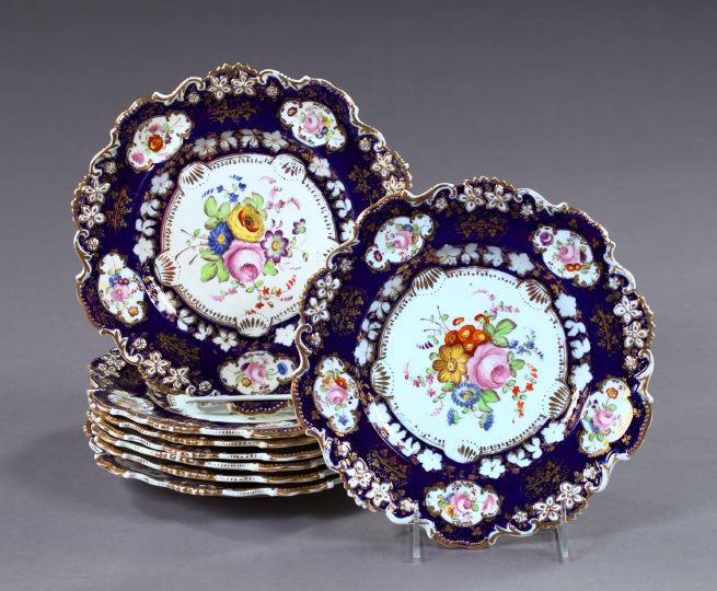 Appraisal: Good Set of Eight English Richly Gilt Cobalt Blue-Bordered Porcelain