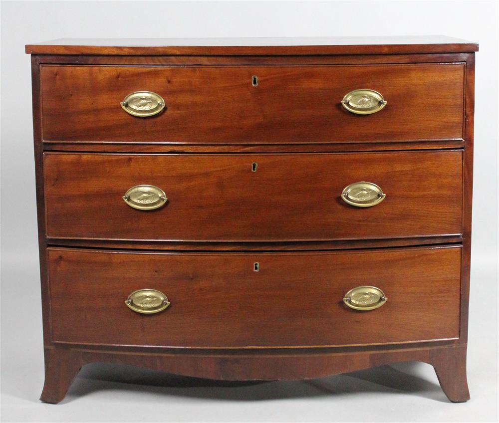 Appraisal: GEORGIAN MAHOGANY BOW FRONT CHEST OF DRAWERS having a rectangular