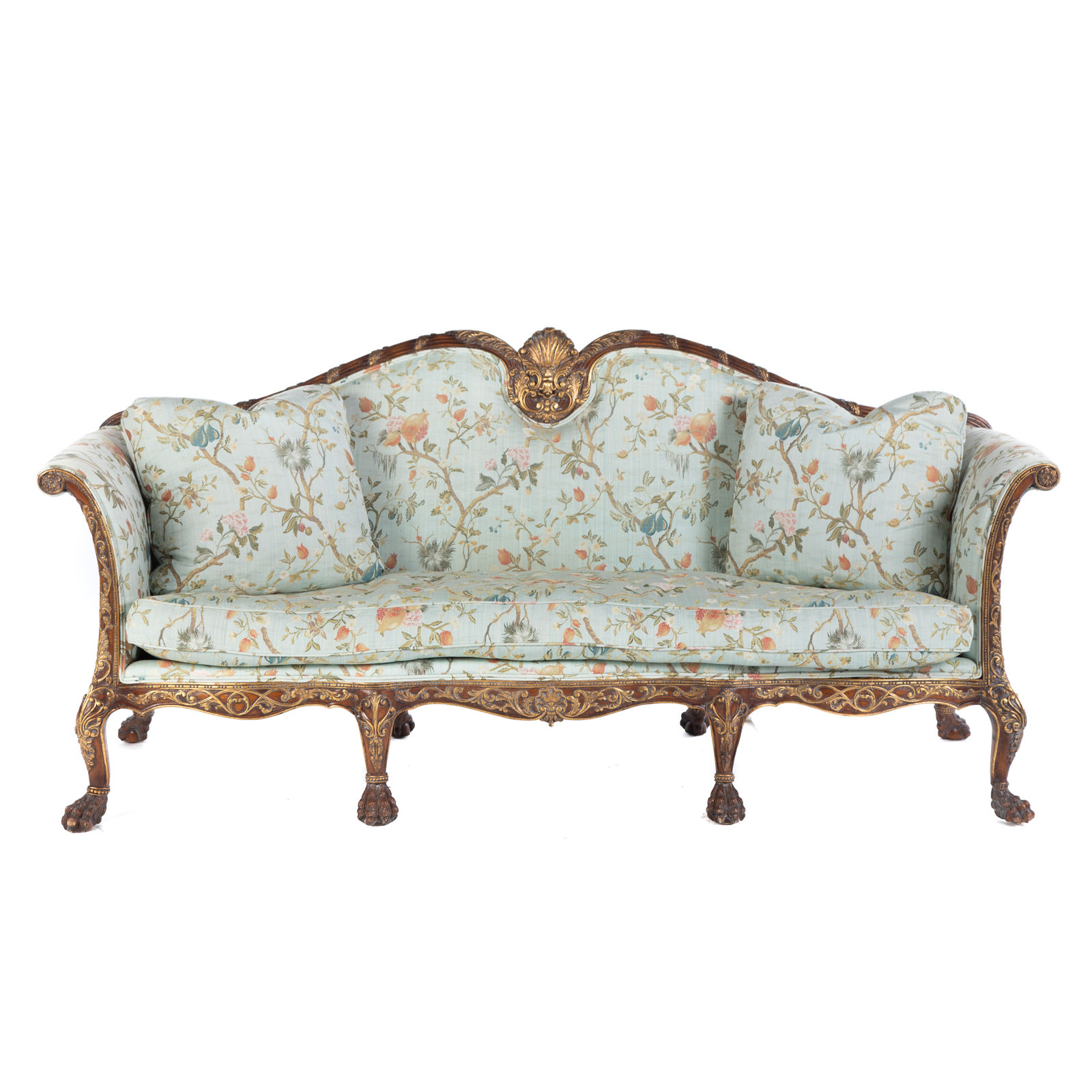 Appraisal: CUSTOM IRISH CHIPPENDALE STYLE UPHOLSTERED SOFA th century Irish Chippendale-style