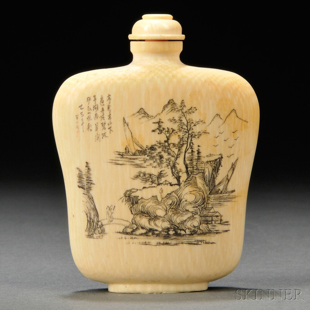 Appraisal: Ivory Snuff Bottle China th century flattened baluster-shape with a