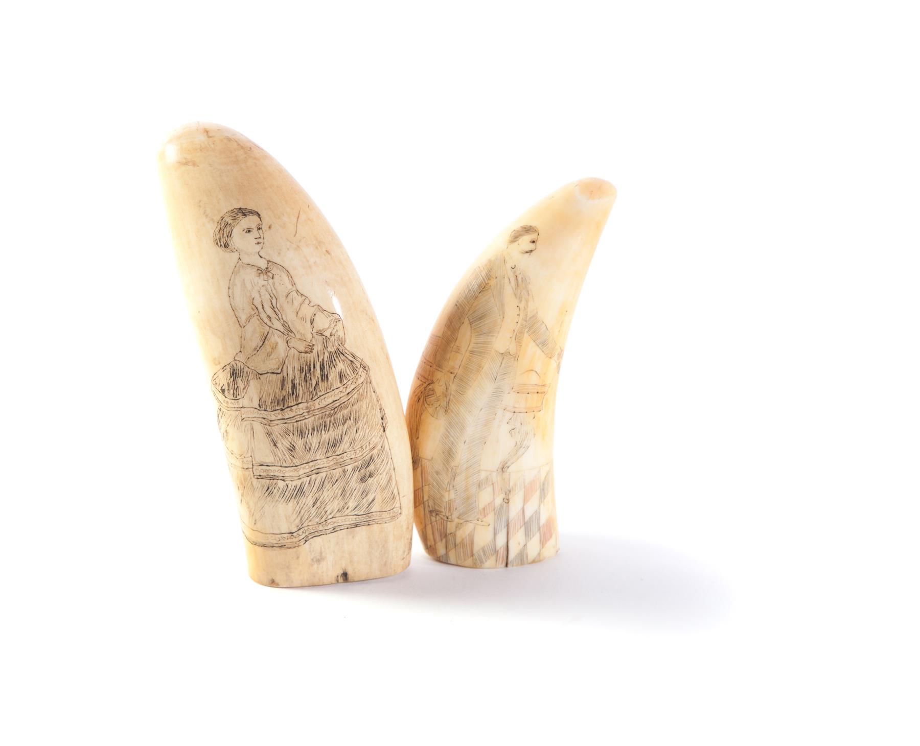 Appraisal: TWO SCRIMSHAW WHALE TEETH Mid th century Woman in hoop