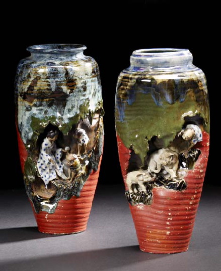 Appraisal: Elaborate Pair of Japanese Art Pottery Vases first half th