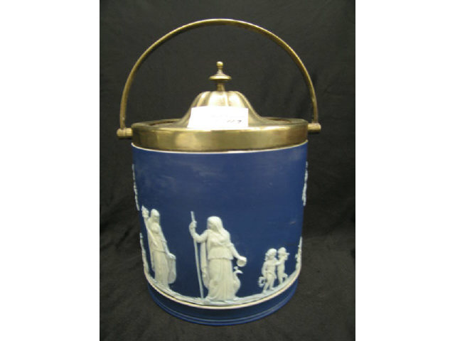 Appraisal: Wedgwood Dark Blue Jasperware Biscuit Jar classical maidens cherubs