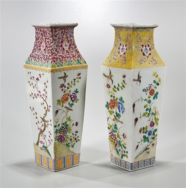 Appraisal: Two Chinese four-faceted famille rose vases each with birds and