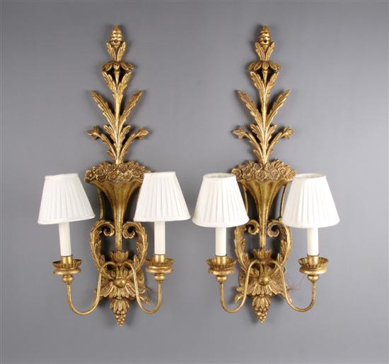 Appraisal: A Pair of Giltwood Two-Light Wall Sconces Height inches