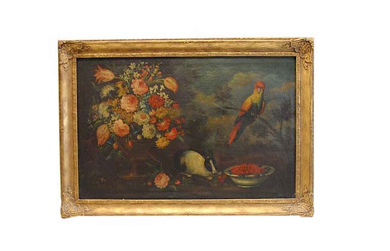 Appraisal: Early Folk Art Still Life Fruit and Animal Oil Painting