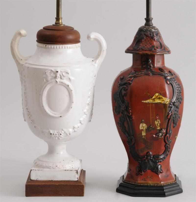 Appraisal: CONTINENTAL NEOCLASSICAL WHITE-GLAZED POTTERY TWO-HANDLED URN LAMP AND A CHINOISERIE