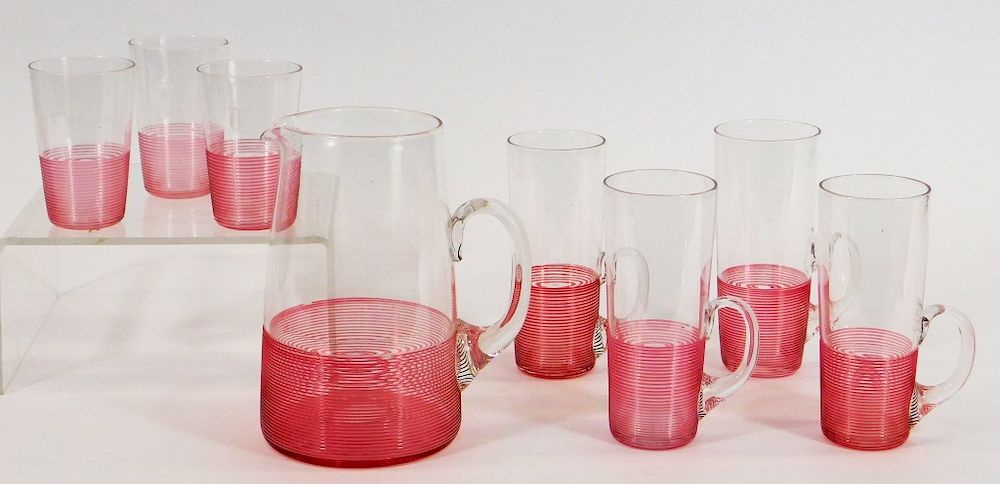 Appraisal: PC Nicolas Lutz Threaded Cranberry Sandwich Glass PC Nicolas Lutz