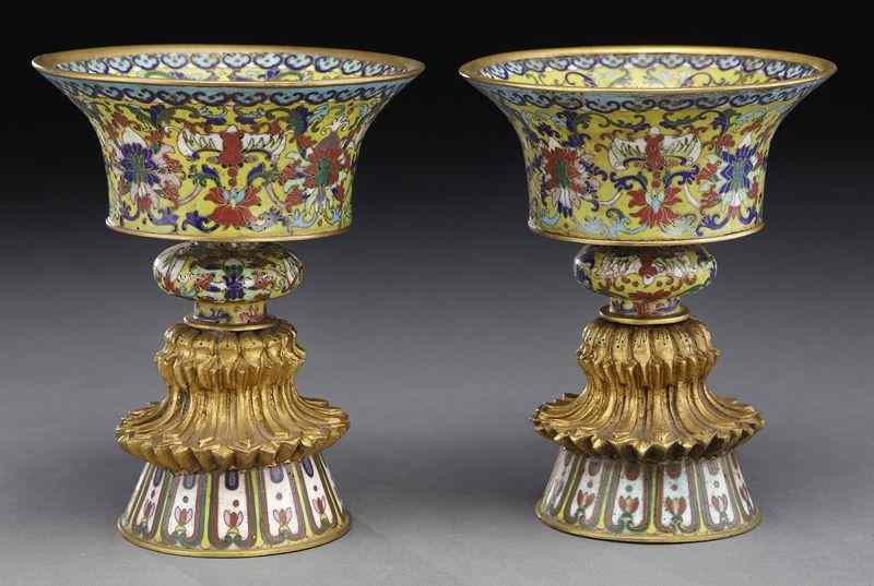 Appraisal: Pr Chinese Qing yellow cloisonne candlesticksdepicting bats and flowers ''H