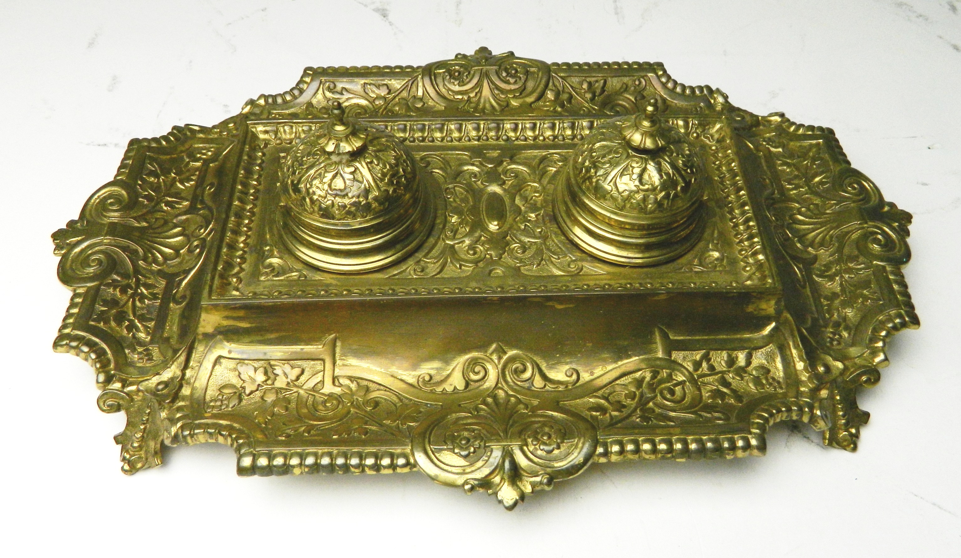 Appraisal: Ornate brass double inkwell inserts missing x x ''