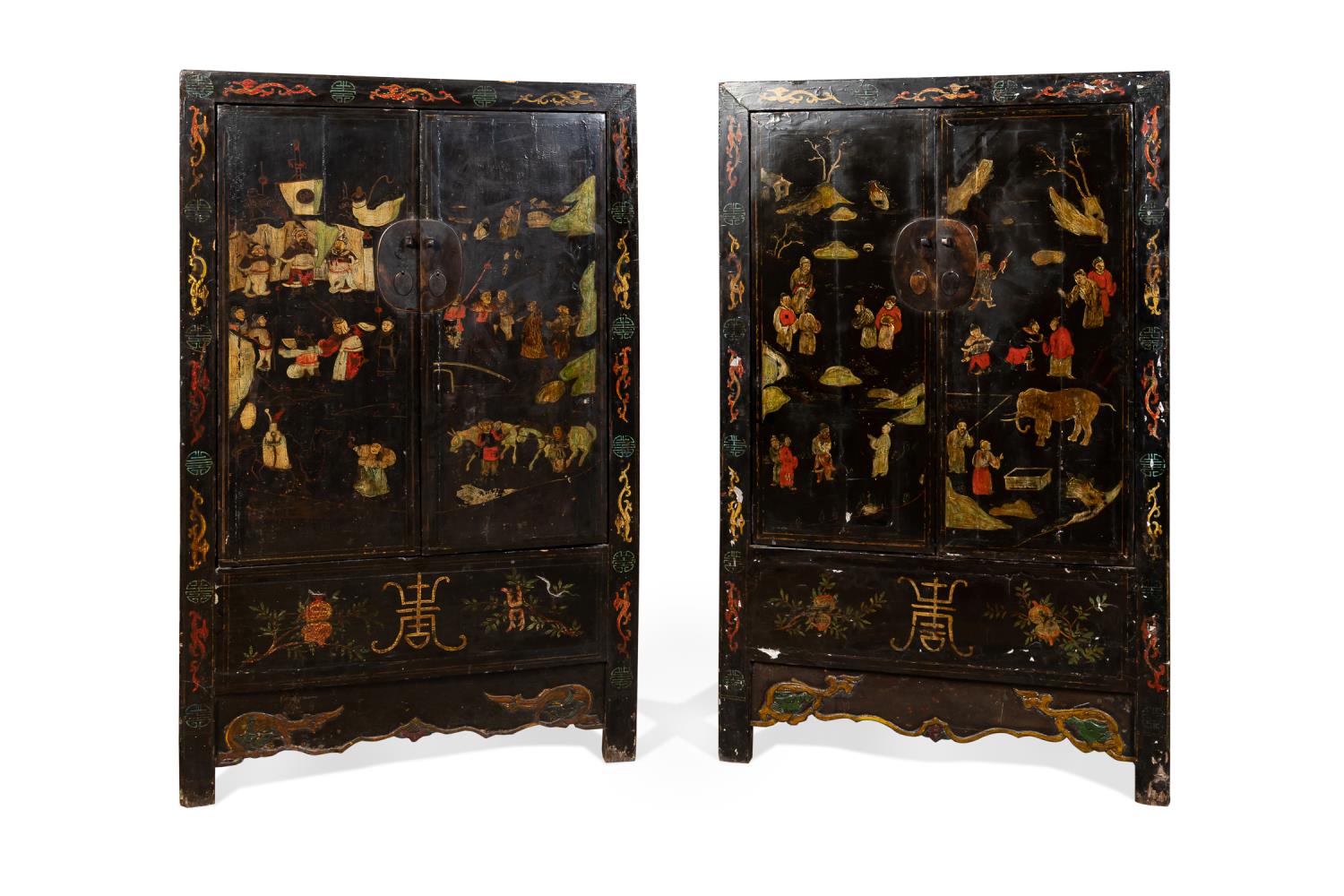 Appraisal: PAIR OF CHINESE PAINT DECORATED LACQUER CABINETS Pair of Chinese