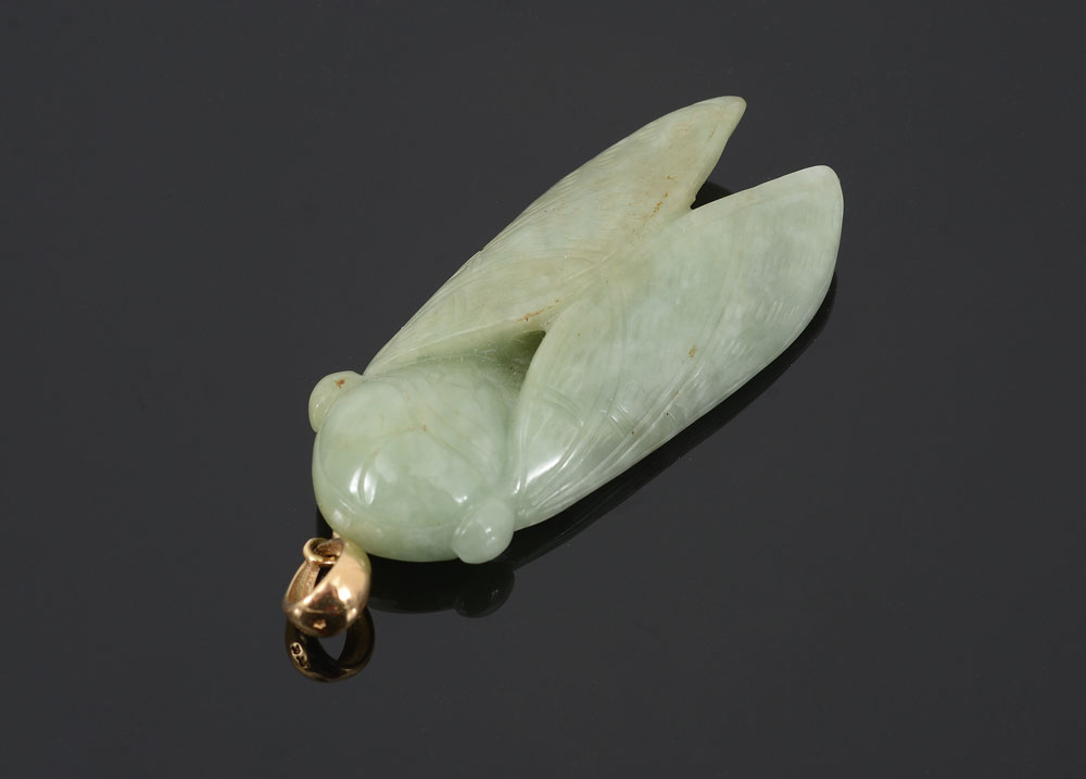 Appraisal: CARVED JADE LOCUST PENDANT '' long carved locust with K