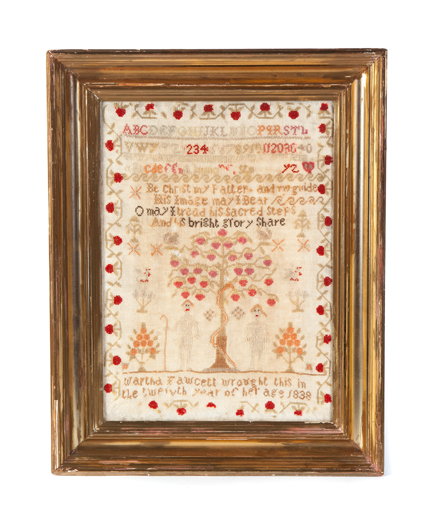 Appraisal: SAMPLER Possibly American wool on linen Alphabets Adam and Eve