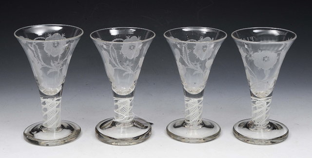 Appraisal: A SET OF FOUR JACOBEAN STYLE ALE GLASSES with engraved