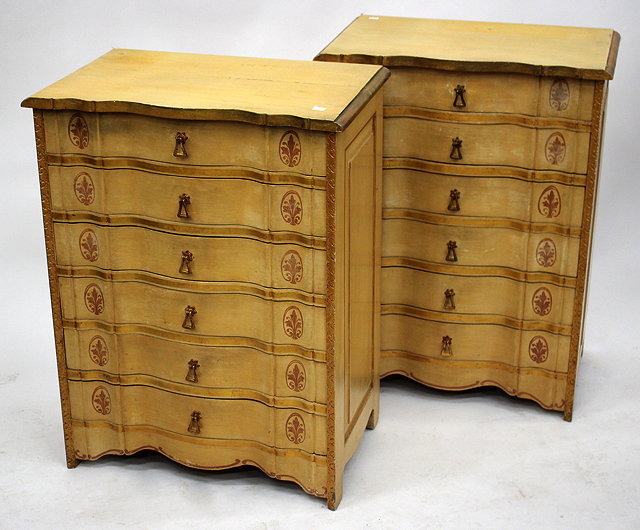 Appraisal: A PAIR OF TH CENTURY SERPENTINE FRONTED PAINTED CHESTS of