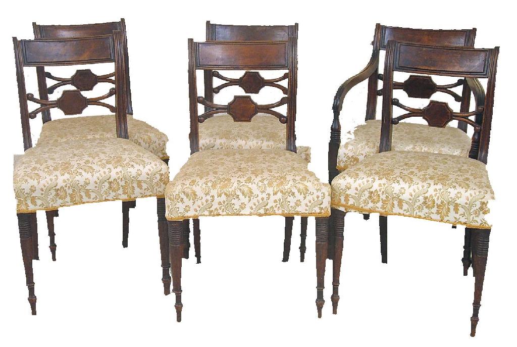 Appraisal: Set of six early th century mahogany dining chairs with