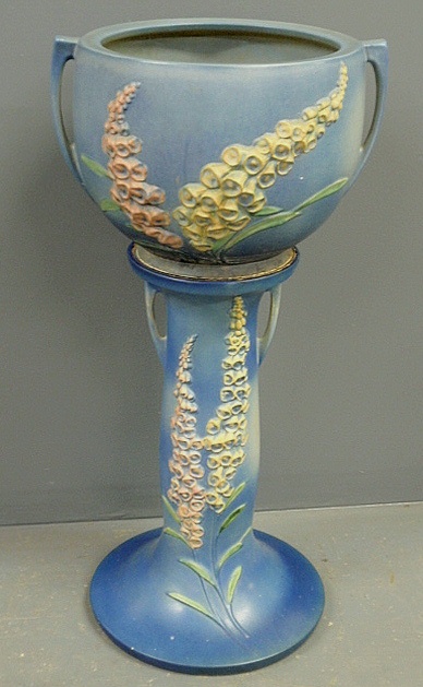 Appraisal: - Two-piece blue Roseville Pottery jardini re and stand with