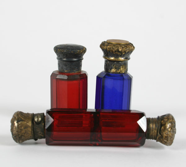 Appraisal: Lot of three Bohemian ruby and cobalt cut glass scent