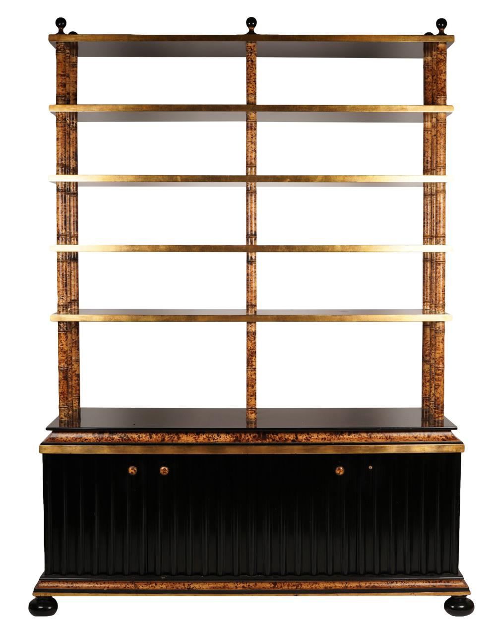 Appraisal: FAUX BAMBOO GILT BLACK-PAINTED ETAGERE CABINETunsigned late th century with