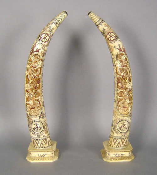 Appraisal: Pair of Asian carved bone tusks h