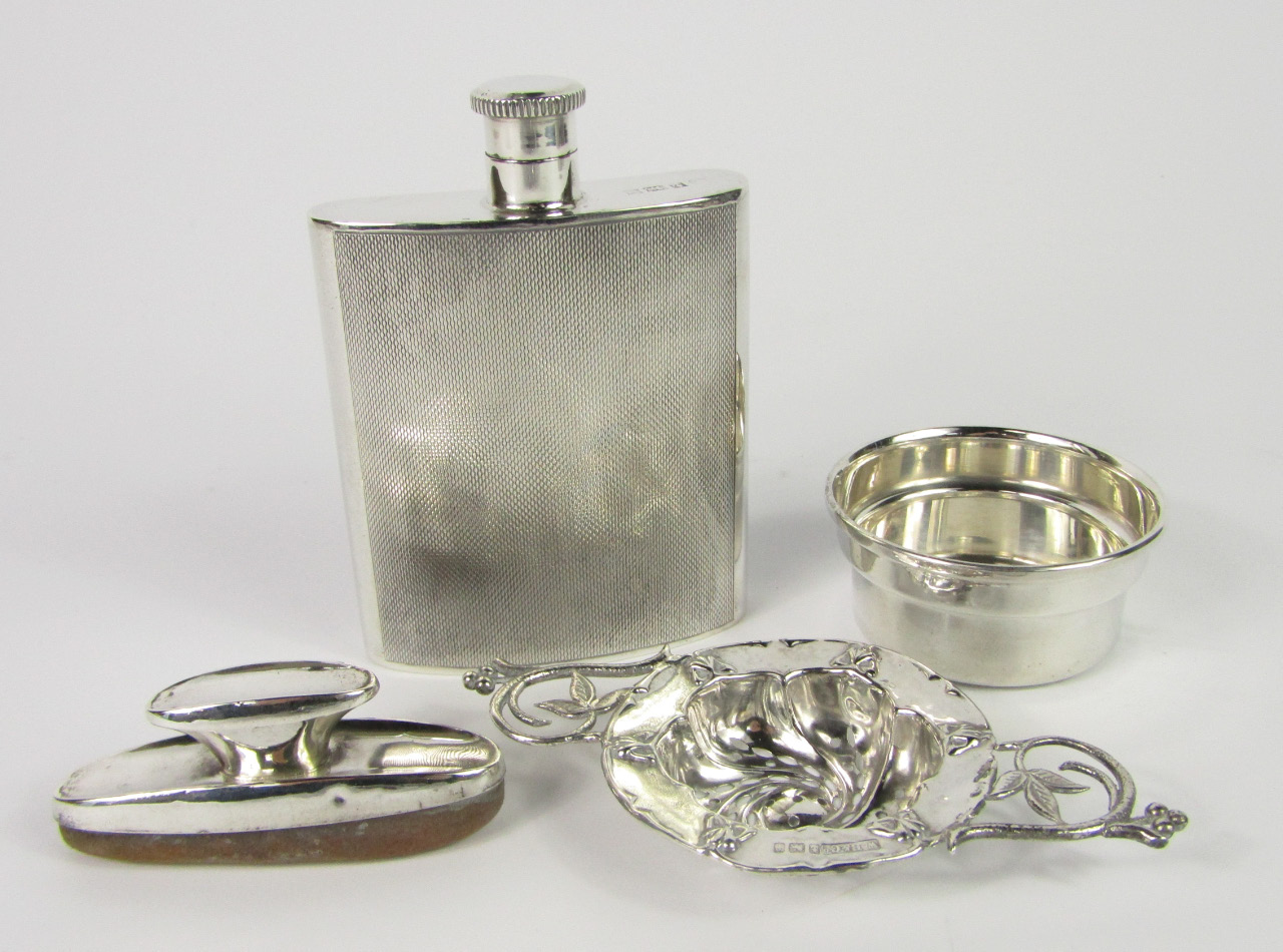 Appraisal: A silver hip flask of curvilinear form Birmingham a dish