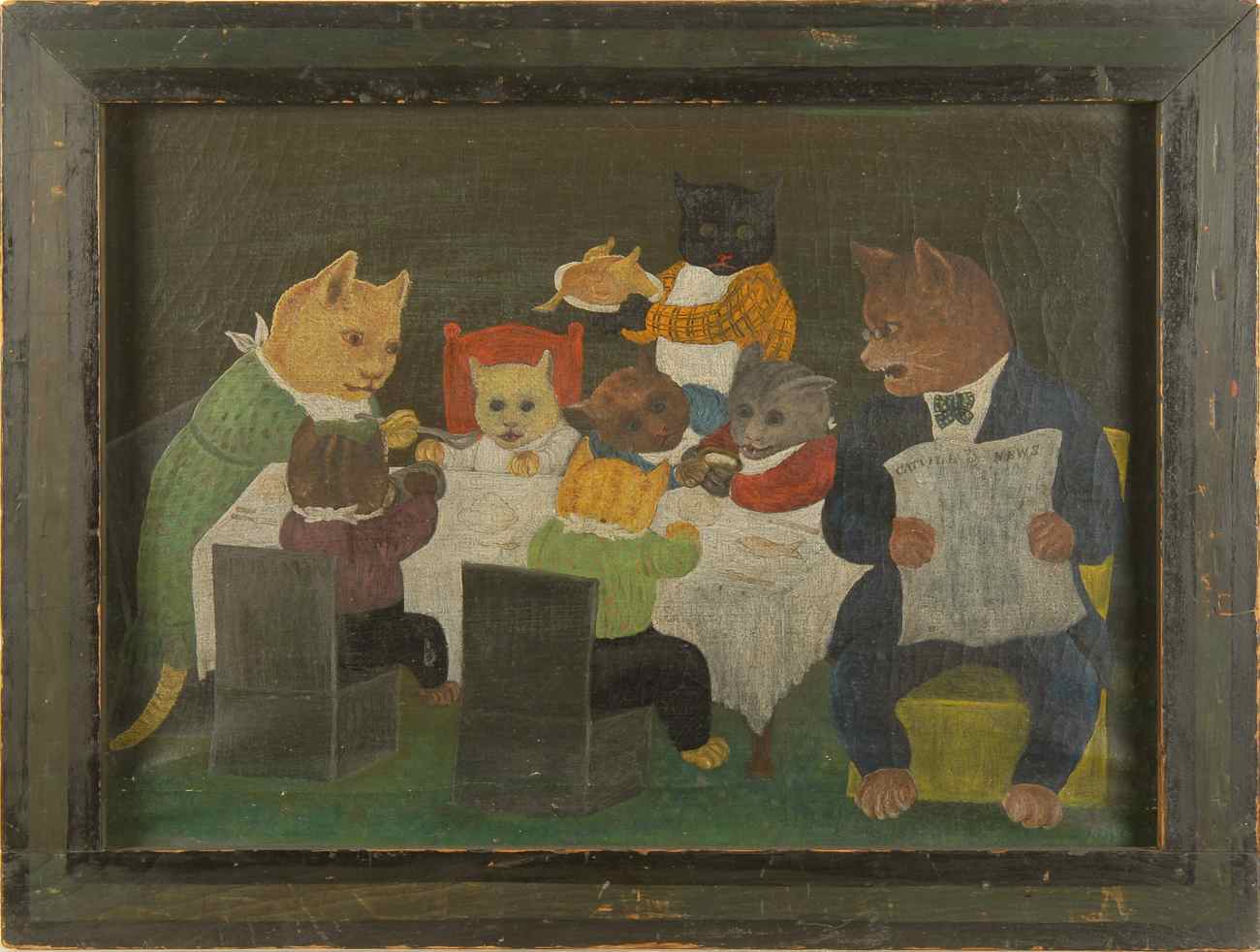 Appraisal: FRAMED FOLK ART-STYLE PAINTINGFeline Feast Unsigned Oil on board x