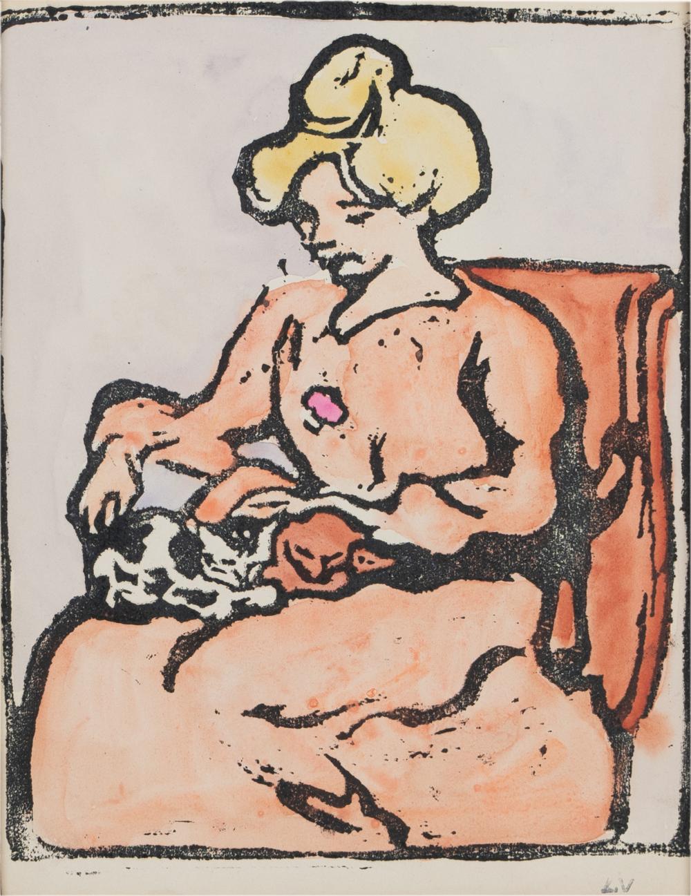 Appraisal: LOUIS VALTAT - FEMME AU CHAT woodblock L V stamp