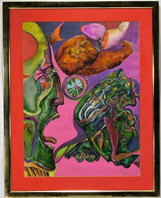 Appraisal: JOHN JURGENS SURREALIST FACES PAINTING United States th CenturySurreal depiction