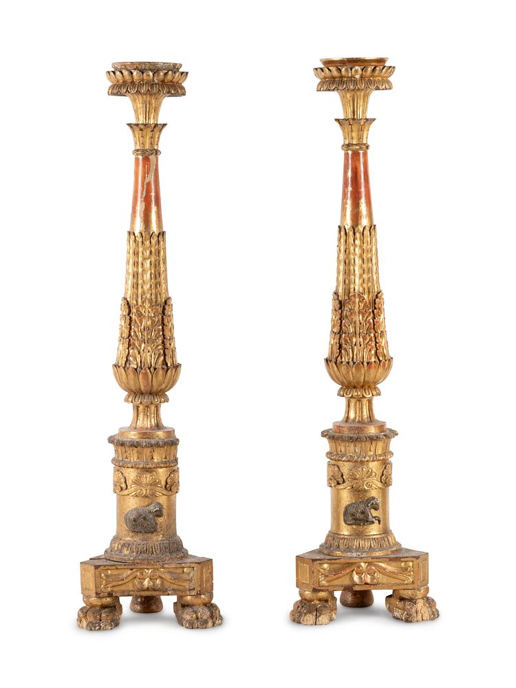 Appraisal: A Pair of Neoclassical Carved Giltwood Prickets A Pair of