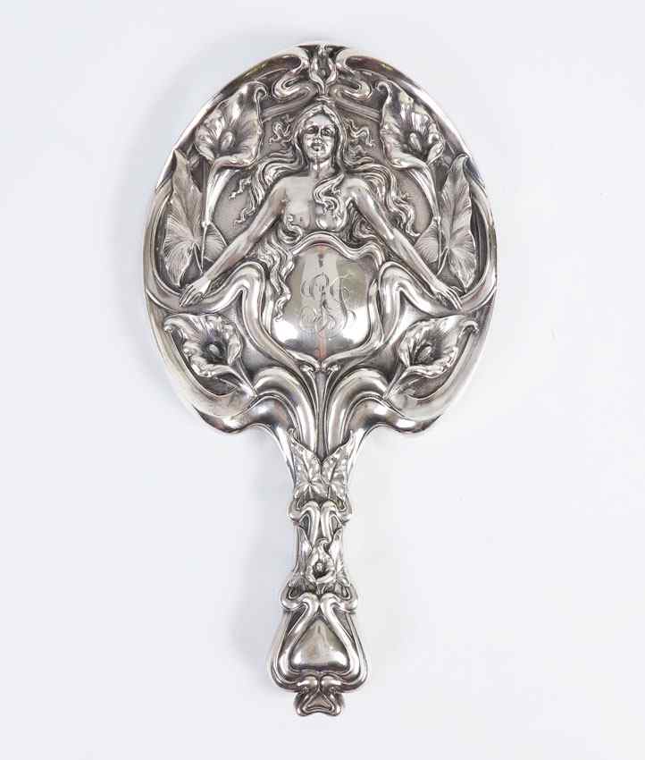 Appraisal: ART NOUVEAU STERLING SILVER MIRROR Woman hair covering breasts outstretched