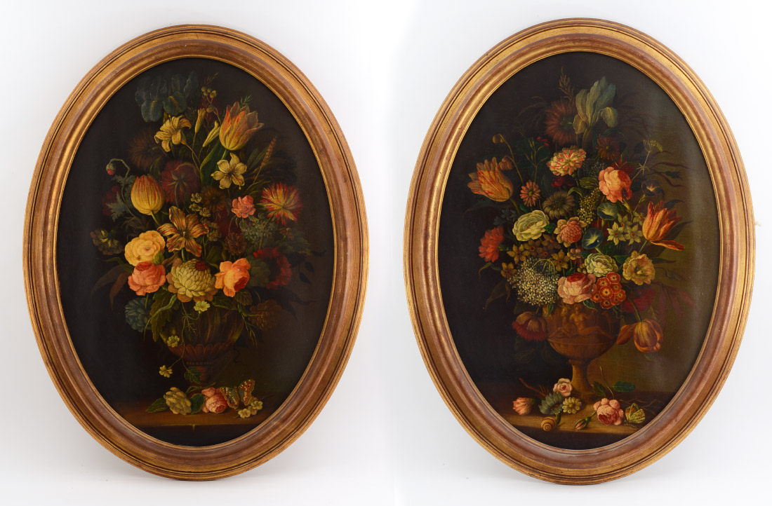 Appraisal: PAIR OF NEOCLASSICAL STYLE DECORATIVE FLORAL STILL LIFE PAINTINGS Oil