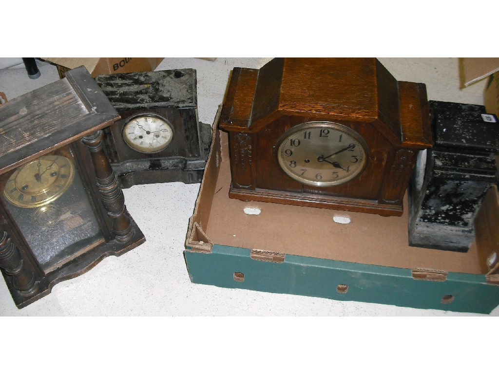 Appraisal: Three various two train clocks and a black slate clock