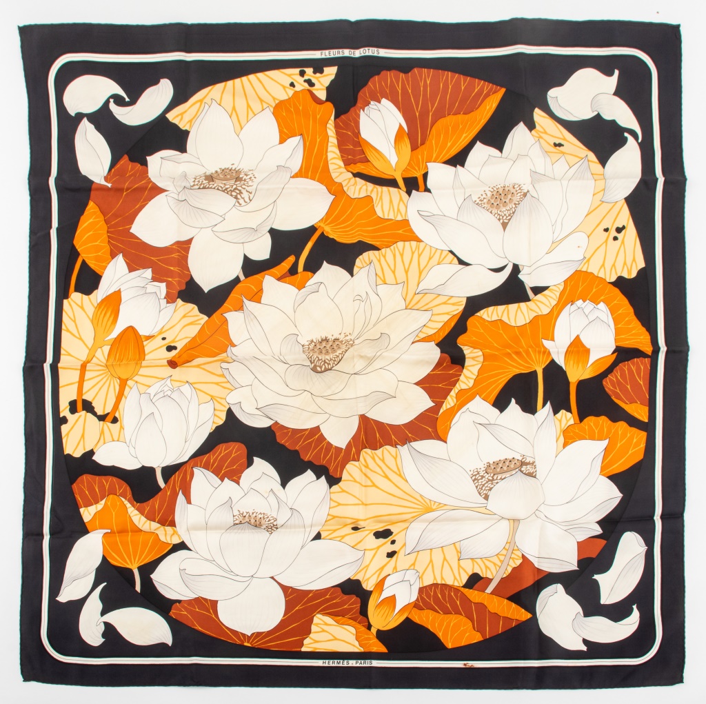 Appraisal: HERMES FLEURS DE LOTUS SILK TWILL SCARF Vintage Hermes square