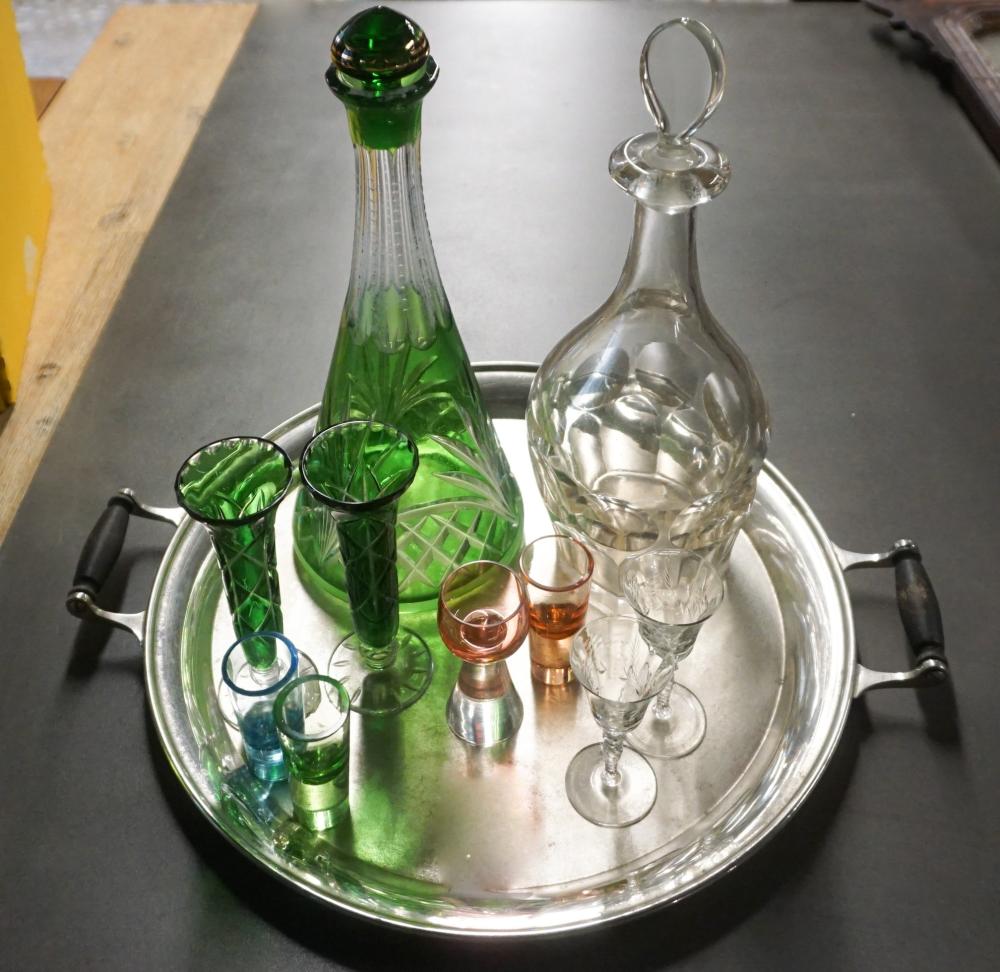 Appraisal: SILVERPLATE TRAY WITH TWO GLASS DECANTERS AND ASSORTED GLASSWARESilverplate Tray