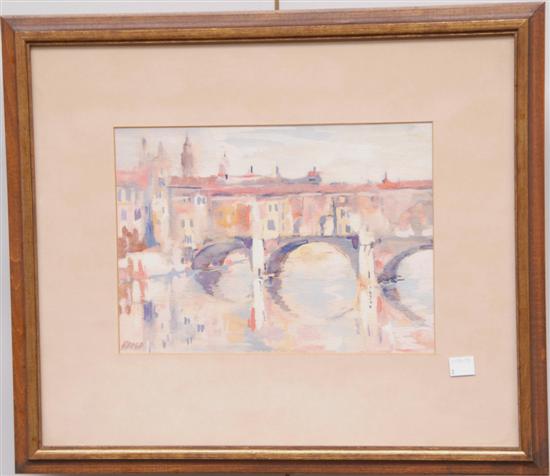 Appraisal: VARGA Watercolor on paper Bridge over River x