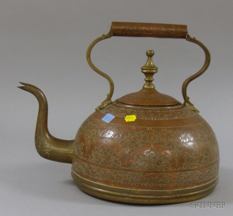 Appraisal: Engraved Copper and Brass Teapot probably Indo-Persian ht approx in