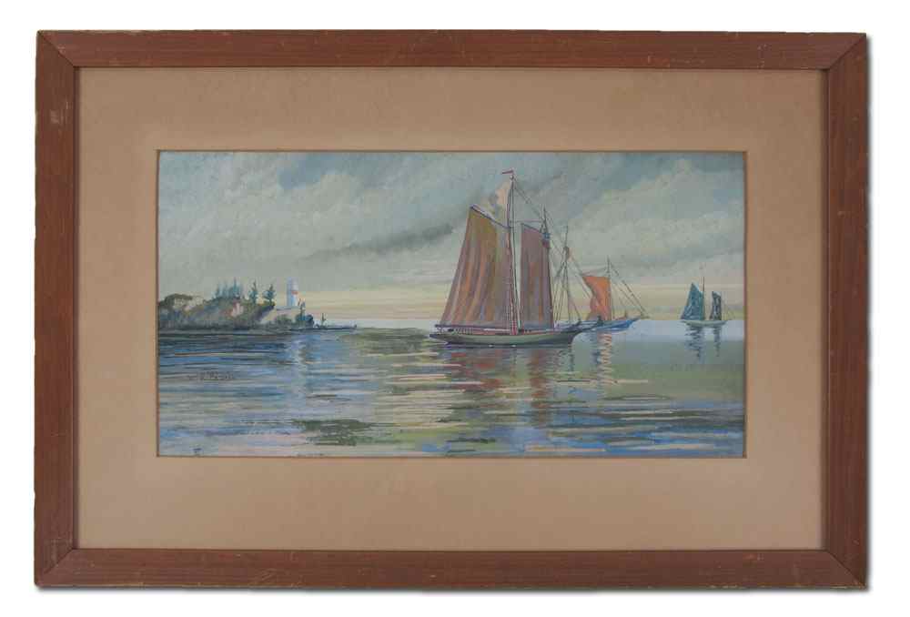 Appraisal: CLIPPER SHIPS IN THE BAY WATERCOLOR AND GOUACHE BY WALLY