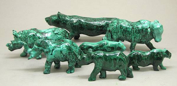 Appraisal: Seven malachite animals Comprising cat length in two tigers two