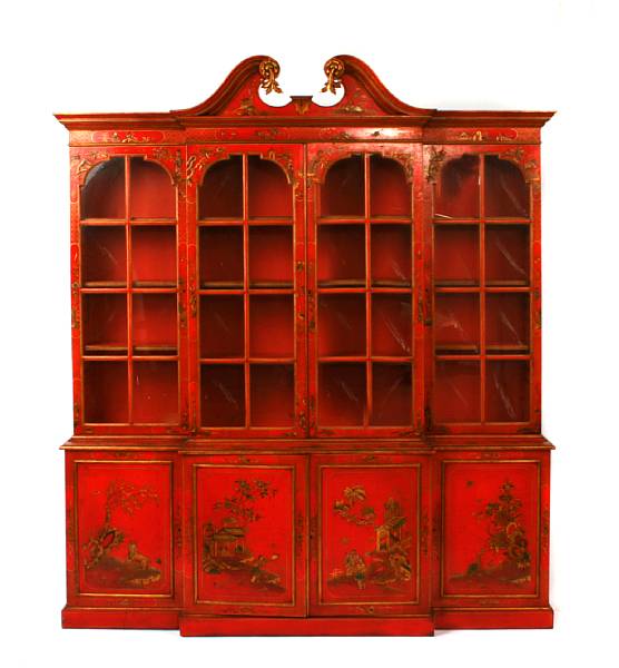 Appraisal: A George III style coral-japanned breakfront height ft in width