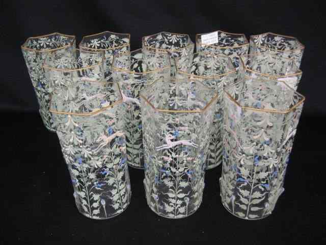 Appraisal: Set of Enameled Glass Tumberswith dog foliage hexagon handblown circa