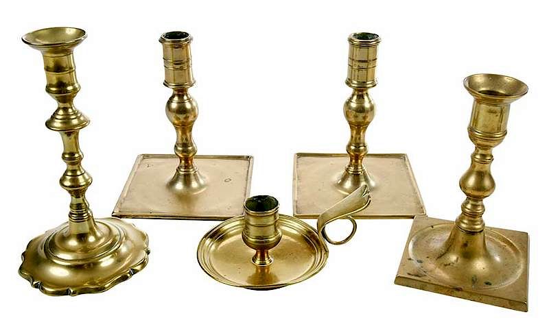 Appraisal: Five Early Brass Candlesticks British comprising th century square based