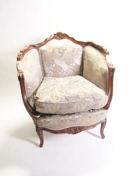 Appraisal: Vintage French Bergere with carved mahogany frame embroidered silk upholstery