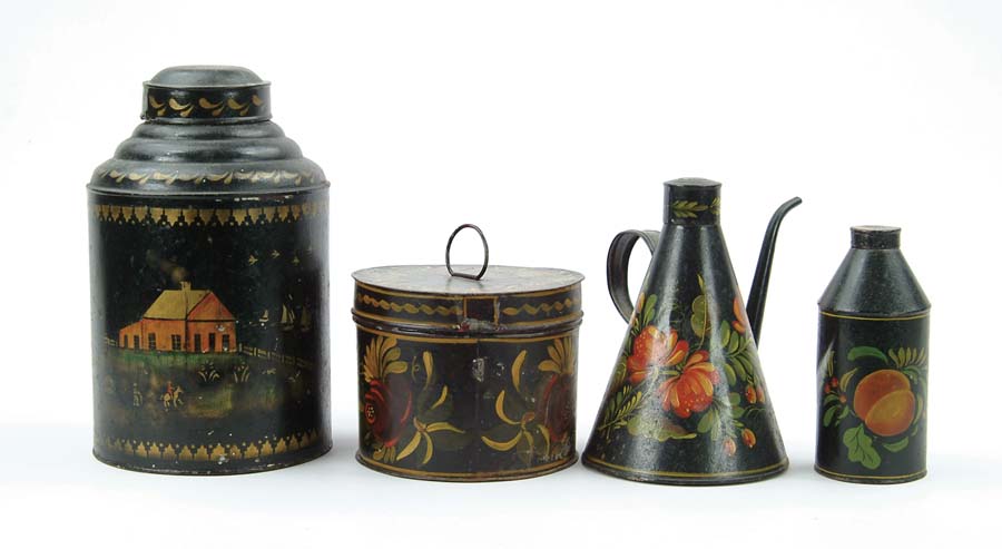 Appraisal: FOUR DECORATED TOLEWARE TINS - h covered round tea canister