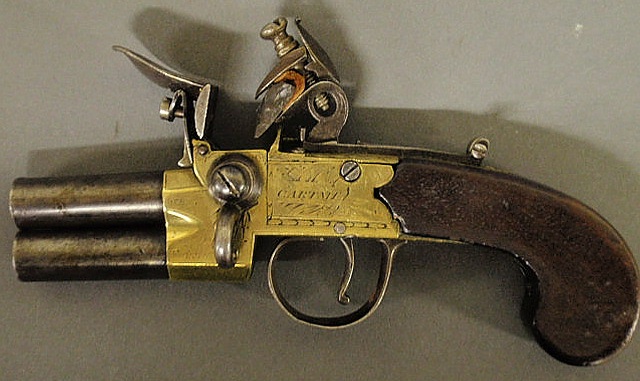 Appraisal: Rare Continental over under flintlock pistol double-barrel brass engraved Cartmel