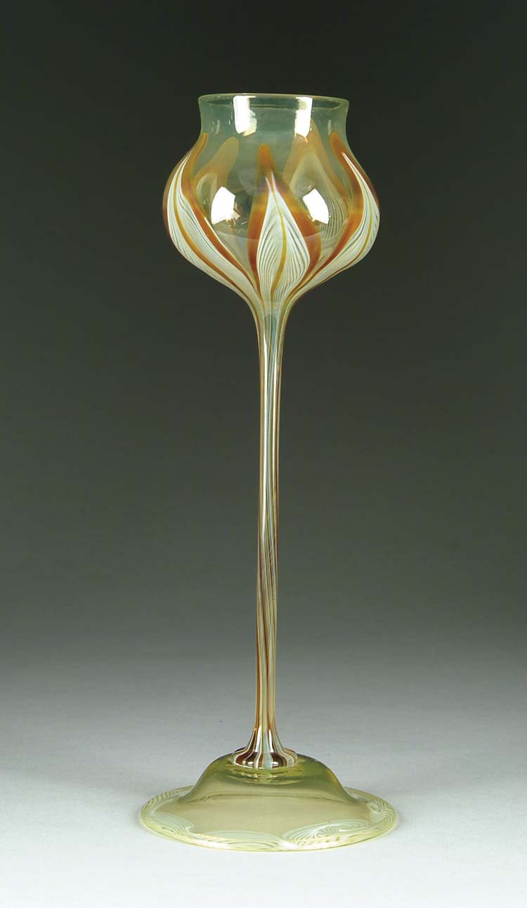 Appraisal: TIFFANY FLOWER FORM VASE Soft amber glass with pulled feather