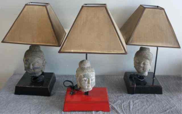 Appraisal: Three James Mont Style Buddha Head Lamps From a Bedford