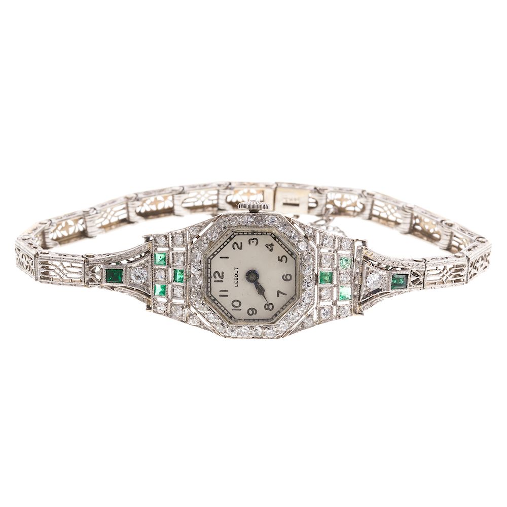 Appraisal: An Art Deco Diamond Emerald Watch in Platinum Platinum Lebolt