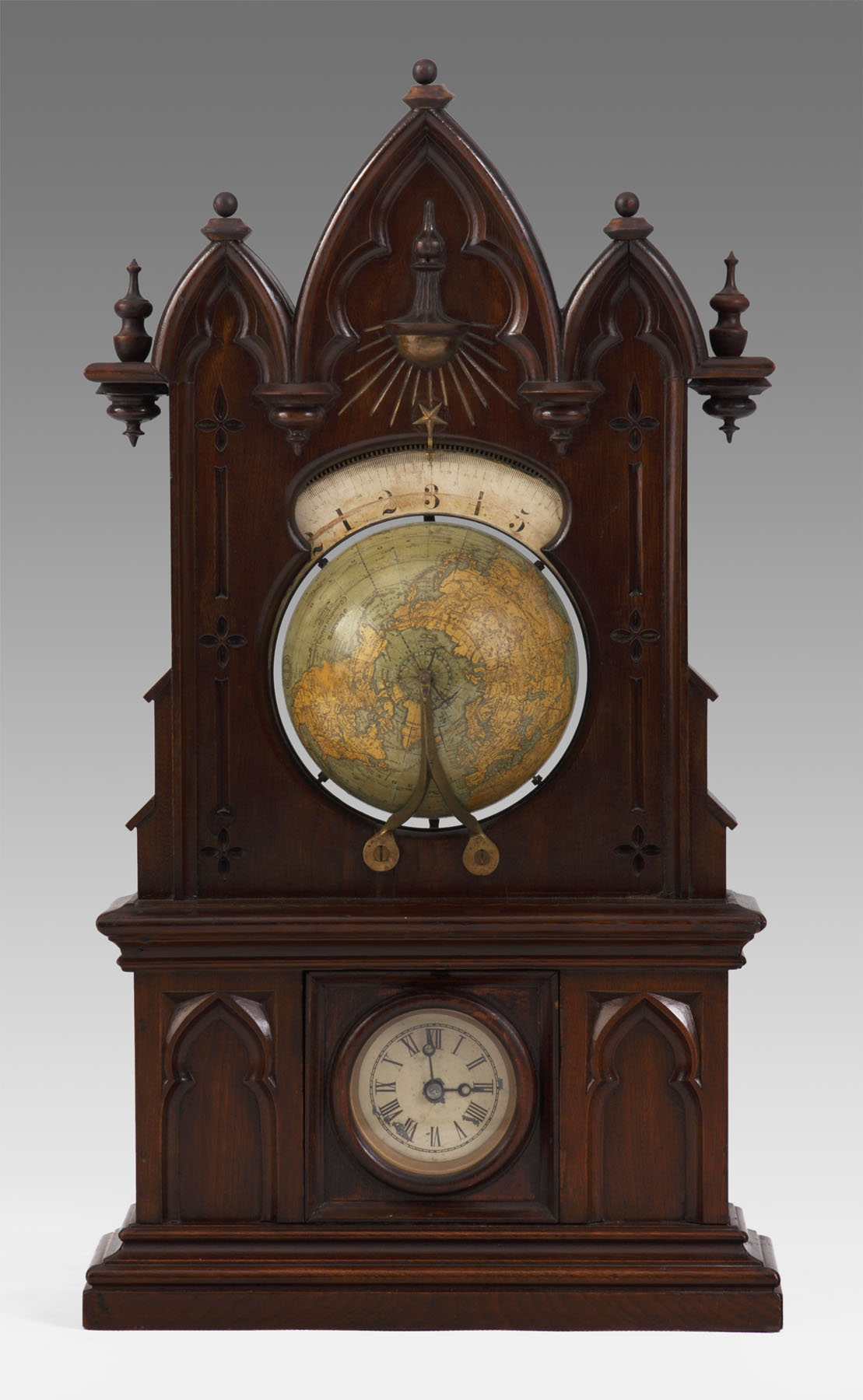 Appraisal: Very Rare LaPorte Hubbell Solar Globe Shelf Clock Carved walnut